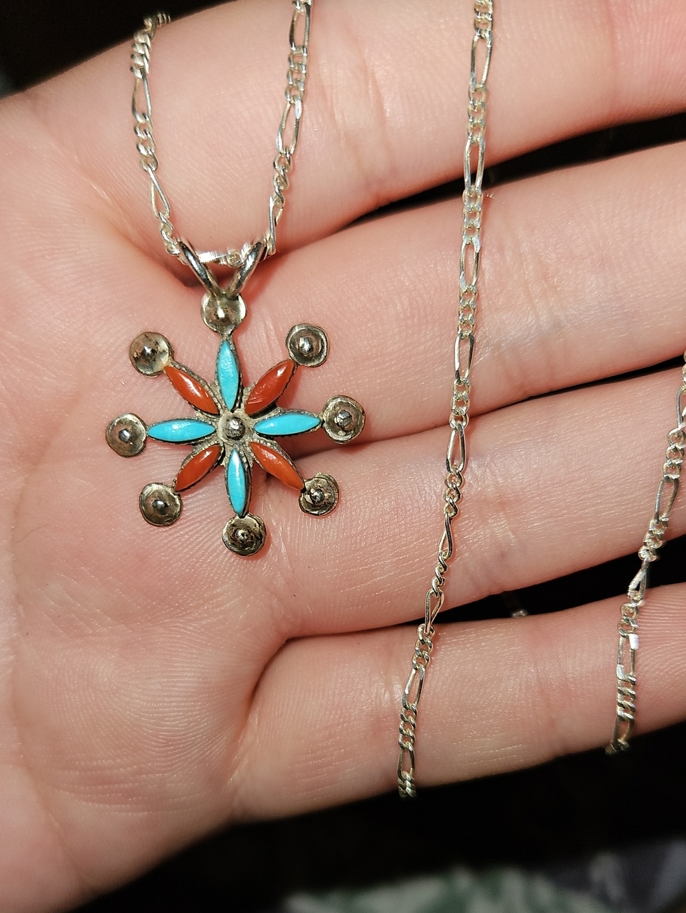 Navajo Sterling Silver Turquoise & Coral Flower Pendant Necklace - Women Jewelry